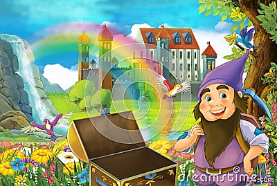 Cartoon fairy tale scene with dwarf in the field full of flowers near wooden chest small waterfall colorful rainbow and bi Cartoon Illustration