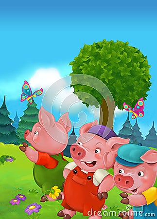 Cartoon fairy tale scene with pigs doing different pigs Cartoon Illustration