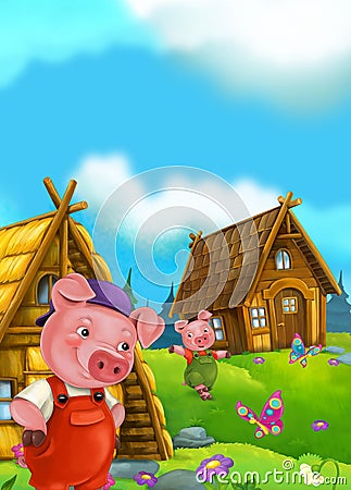Cartoon fairy tale scene with pigs doing different things Cartoon Illustration