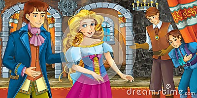 Cartoon fairy tale scene - with prince and princess - servants in the second stage Cartoon Illustration