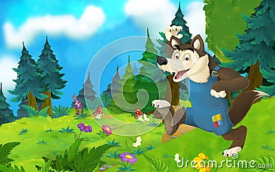 Cartoon fairy tale scene with wolf on the meadow and title frame with different characters Cartoon Illustration