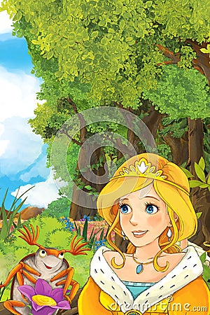 Cartoon fairy tale scene with a young princess in the forest talking Cartoon Illustration