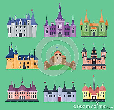 Cartoon fairy tale vector castle key-stone palace tower icon knight medieval architecture castle building illustration Vector Illustration