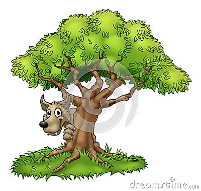 Cartoon Fairytale Big Bad Wolf and Tree Vector Illustration