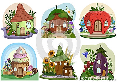 Cartoon fairytale houses for little animals and fantasy inhabitants. Apple, nut, strawberry, cupcake, acorn, eggplant. Vector Illustration