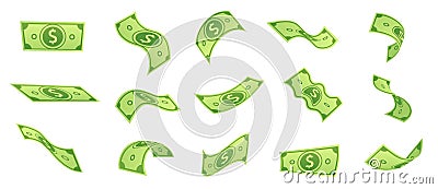 Cartoon falling money bills. Flying green dollar bill, 3d cash and usd currency vector set Vector Illustration