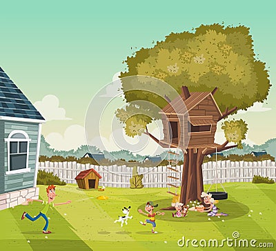 Cartoon family on the backyard of a colorful house in suburb neighborhood. Tree house on the backyard. Vector Illustration