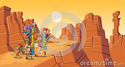 Cartoon family with big backpacks in the desert. People hiking on canyon background. Vector Illustration