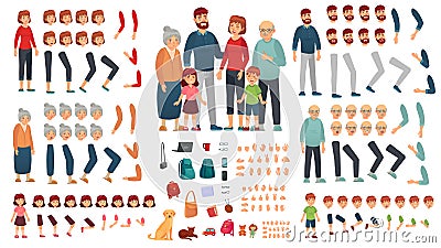 Cartoon family creation kit. Parents, children and grandparents characters constructor. Big family vector illustration Vector Illustration