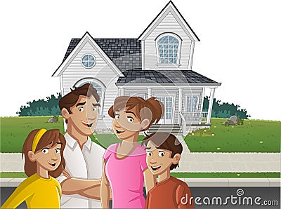 Cartoon family in front of a house Vector Illustration