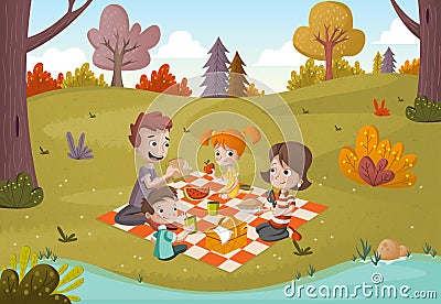 Cartoon family having picnic in the park on a sunny day. Vector Illustration