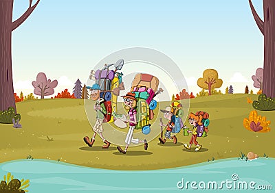 Cartoon family having picnic in the park on a sunny day. Nature background. Vector Illustration