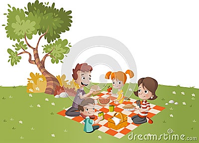 Cartoon family having picnic in the park on a sunny day. Vector Illustration