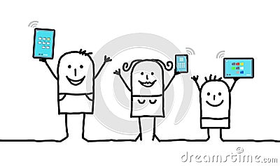 Cartoon family holding connected digital tablets and phones Vector Illustration