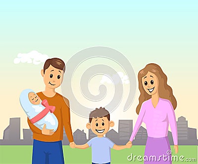 Cartoon family holding hands in the park. Parents and kids. Flat vector illustration. Vector Illustration