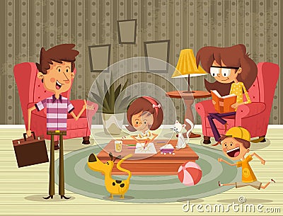 Cartoon family in the living room. Vector Illustration