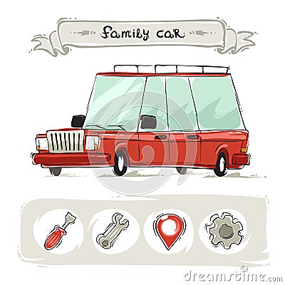 Cartoon Family Old Car Set Vector Illustration