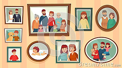 Cartoon family photo frames. Happy people portraits in wall picture frames, family portrait photos vector illustration Vector Illustration