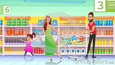 Father Shopping Cart Mother Daughter Buy Grocery Vector Illustration