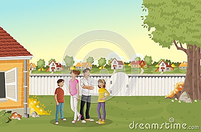 Cartoon family in suburb neighborhood. Vector Illustration