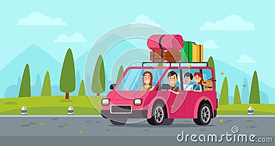 Cartoon family travel in car. Happy father, mother and childrens drive on holiday trip with luggage. Traveling vector Vector Illustration