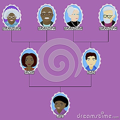 Cartoon family tree of the boy born in interracial marriage Vector Illustration