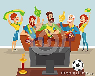 Cartoon family watching a football match on TV Cartoon Illustration