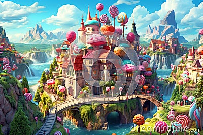 Cartoon fantastic candy land landscape with sweet castle. Generative AI illustration with gingerbread houses of a fairy Cartoon Illustration