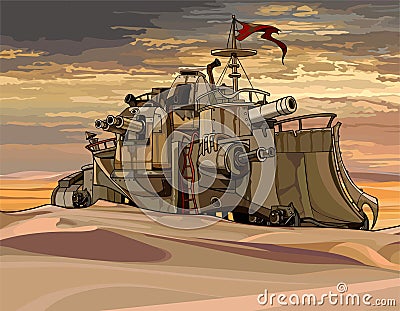 Cartoon fantastic military armored train with guns in the desert Vector Illustration