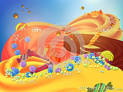 Cartoon fantasy candy land location. Sweet world background with candies sprinkling and swirls on mesh. Vector illustration. Easy Vector Illustration