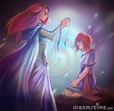 Cartoon fantasy goddess queen gives crystal pendant to girl Cartoon Illustration