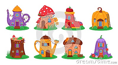 Cartoon fantasy houses. Cute fairy little homes, funny different shapes magical builds, gnome cottage, pretty mushroom Vector Illustration