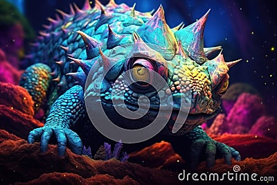 Cartoon fantasy monster in mystical forest. Deep, bright colors, fantastic animal concept art Stock Photo
