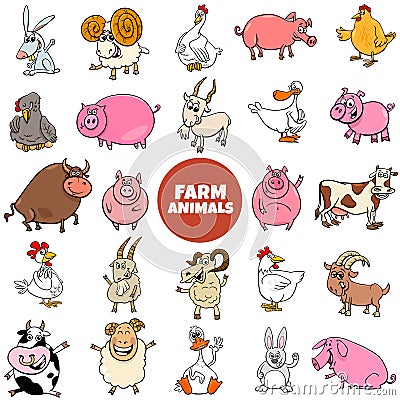 Cartoon farm animal characters large set Vector Illustration