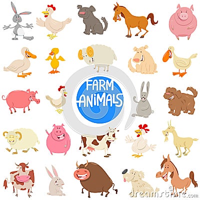 Cartoon farm animal characters large set Vector Illustration