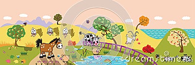 Cartoon farm animals in the field banner Vector Illustration