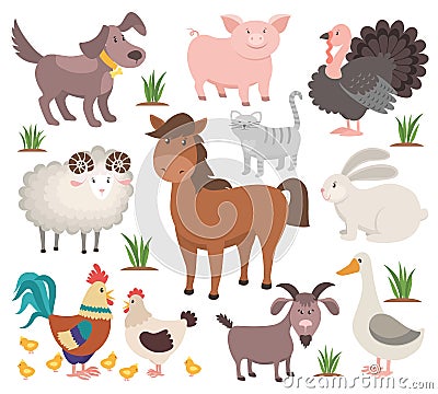 Cartoon farm animals. Turkey cat ram goat chicken rabbit horse. Village animal collection Vector Illustration