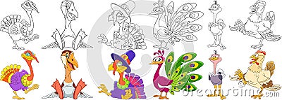 Cartoon farm birds set Vector Illustration