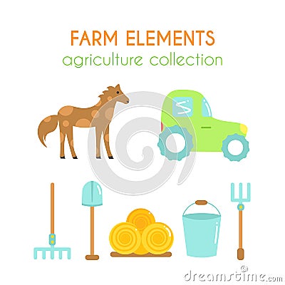 Cartoon farm elements. Flat argiculture collection. Vector Illustration