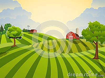 Cartoon farm green seeding field, Vector Illustration