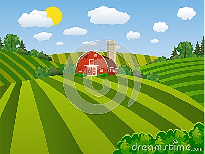 Cartoon farm green seeding field, Vector Illustration