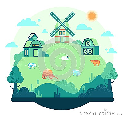 Cartoon farm landscape with country houses, mill and grazing cows - vector flat illustration Vector Illustration