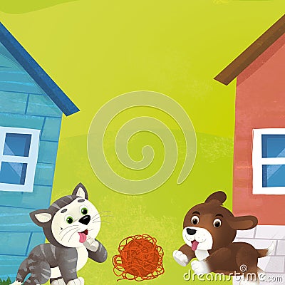 Cartoon farm ranch animals playing wool toy Cartoon Illustration