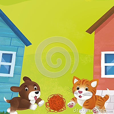 Cartoon farm ranch animals playing wool toy Cartoon Illustration