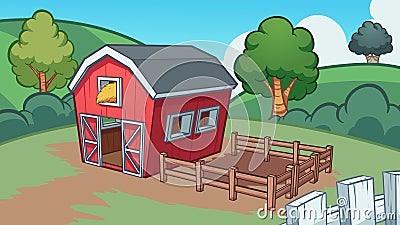 Cartoon farm with red barn Vector Illustration