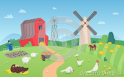 Cartoon farm rural landscape vector illustration, comic flat summer farmland field with dry haystacks, grazing cute cows Vector Illustration