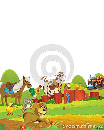 Cartoon farm scene with farm animals having fun on white background - illustration for children Cartoon Illustration