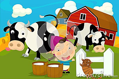 Cartoon farm scene - hostes and the cows Stock Photo