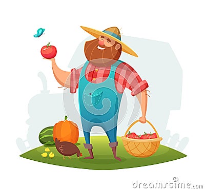 Cartoon farmer character design. rancher holding a basket of vegetables in his hand. Vector illustration. Vector Illustration