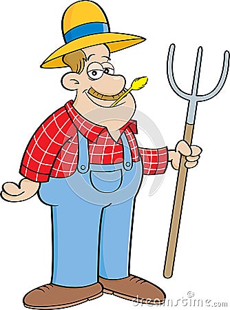 Cartoon farmer holding a pitchfork. Vector Illustration